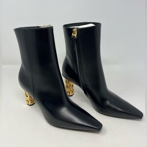 NIB Givenchy G Cube 85 Leather Ankle Boots Pointed Toe Black Gold Heel size 37.5